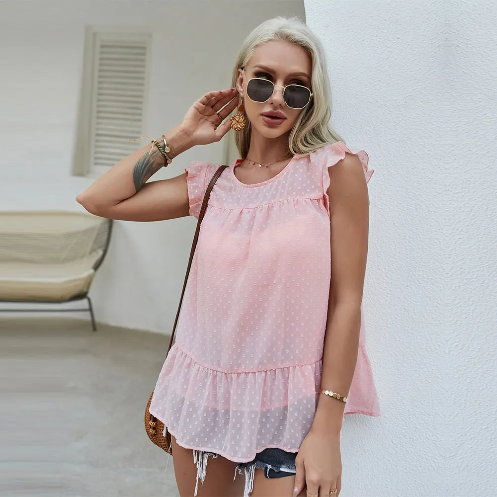 

Spring New Flying Sleeve Top Women 2021 Solid Ruffles Blouses Top Ladies Casual Summer Holiday Style Pullover Tops