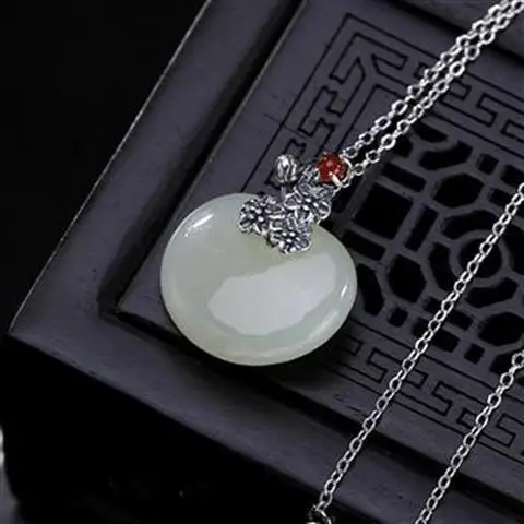 

S925 Sterling Silver Inlaid Hetian Jade Plum Pendant Cut Plum Women's Clavicle Chain Pendant White Jade Retro Silver Pendant