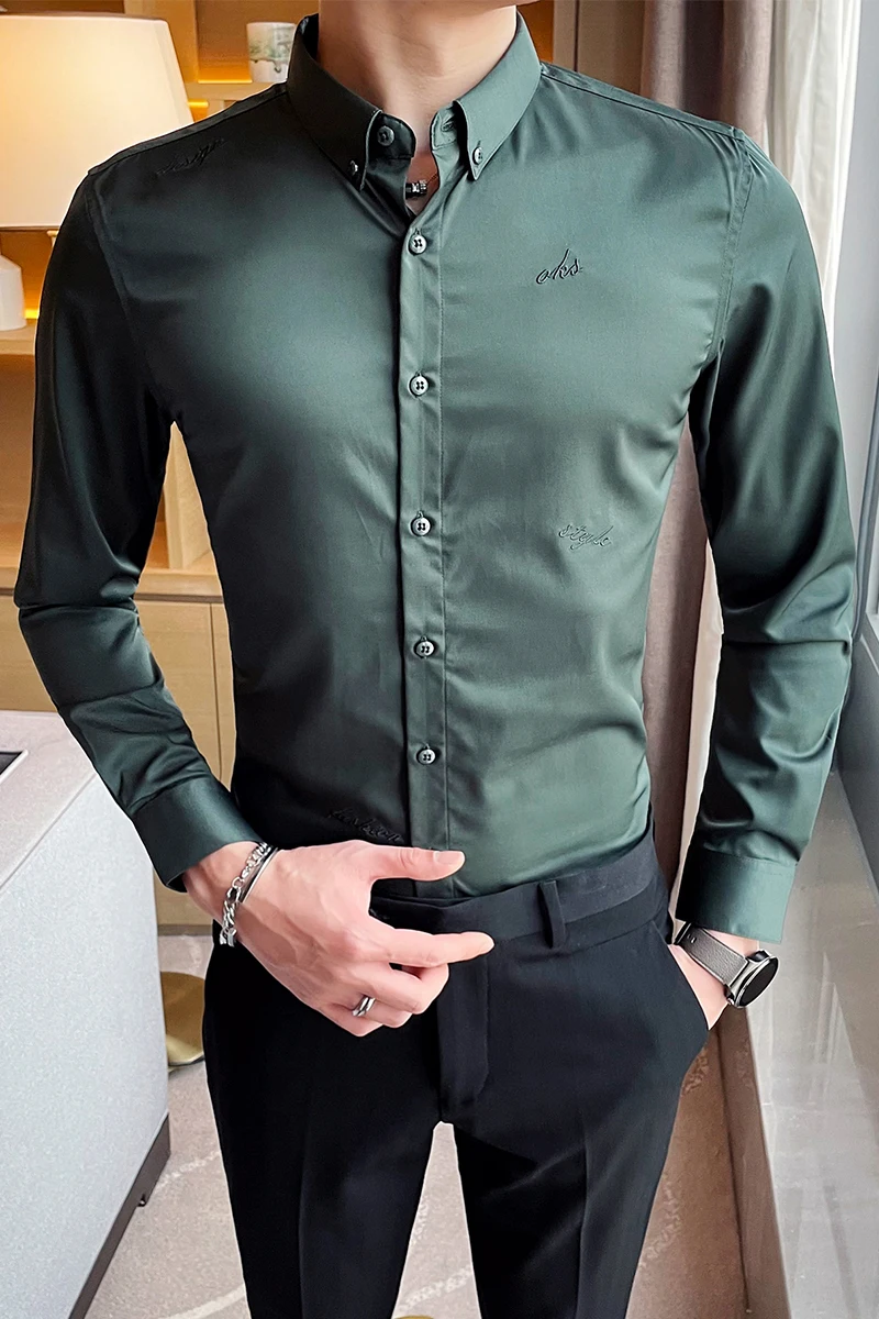 

British Style Letter Embroidery Long Sleeve Shirts for Men Clothing 2021 Simple Business Formal Wear Slim Fit Casual Tuxedo 5XL