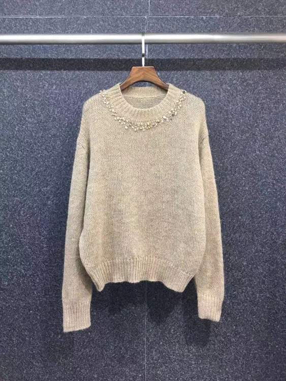 

2021 new women fashion neckline bead decoration long-sleeved all-match knitted top sweater 1015