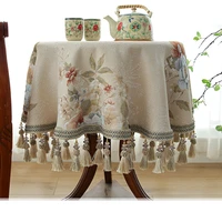 elegant floral small big round dining table cover with tassels beige party coffee tablecloth for round table decorative jacquard