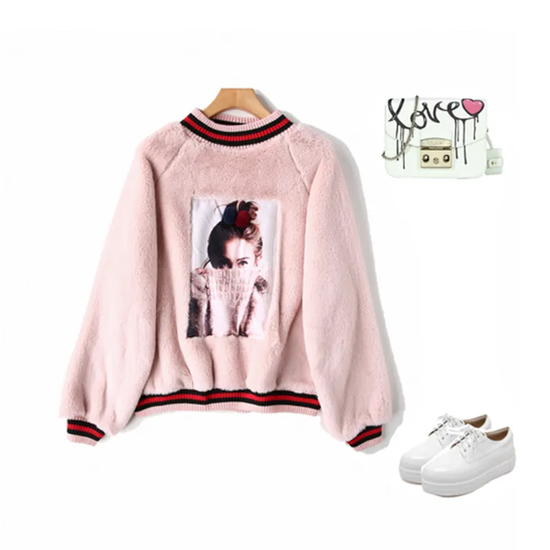 

Hiawatha High Quality Beading Elegant Pink Lambswool Sweatshirt Autumn Winter Loose Hoodies WY7501