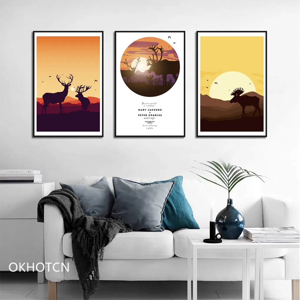 Скандинавский мультяшный пейзаж с оленем холст картина современное животное