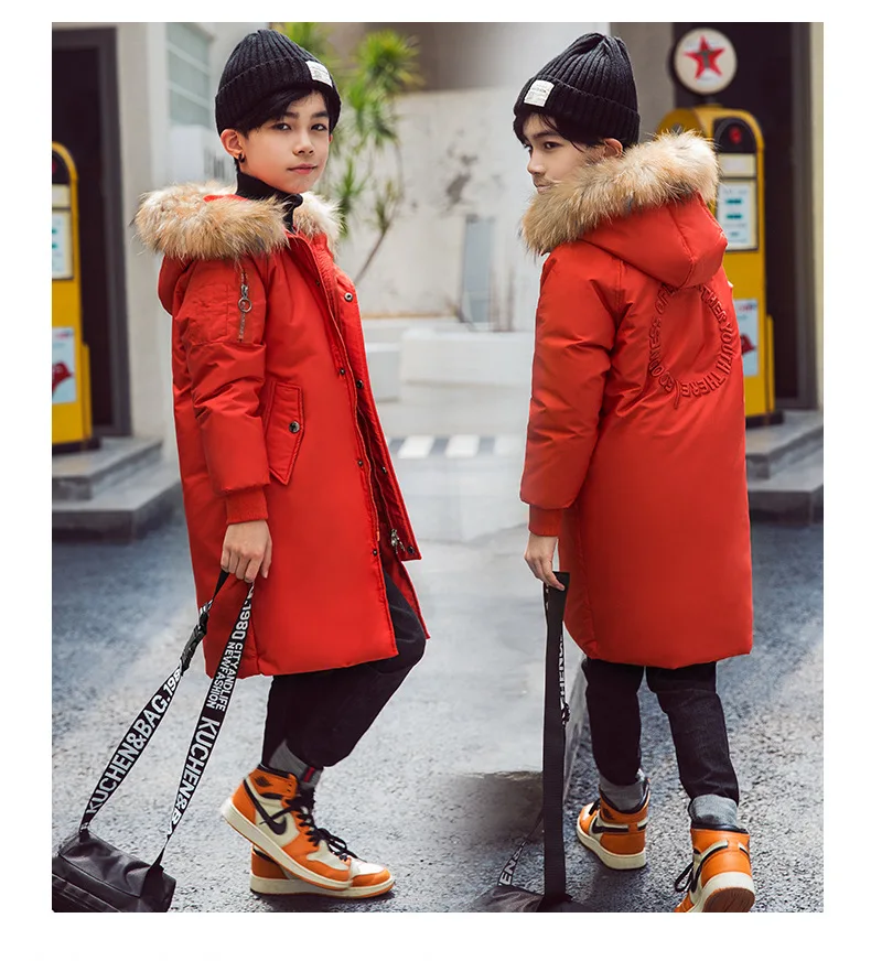 Dollplus/пальто для мальчиков зимняя детская куртка-пуховик длинное плотное зимнее пальто для мальчиков детские куртки на утином пуху для мальчиков, верхняя одежда с меховым воротником