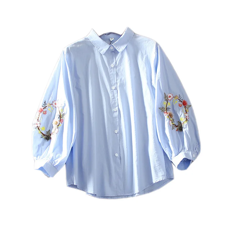 

SuperAen 2021 Retro Embroidery Flower Three-quarter Sleeve Turn-down Collar Shirt Women Loose Casual Office Lady Shirt