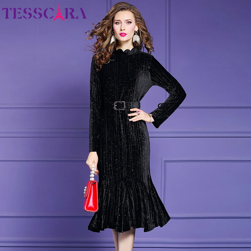 Женское элегантное бархатное платье TESSCARA дизайнерское офисное вечернее