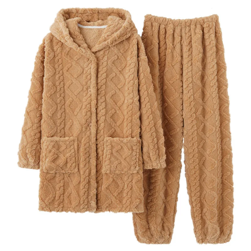 

2021 Autumn and Winter Thickened Flannel Couple's Pajamas for Men and Women Mid-length Hooded Coral Fleece Homewear Pijama