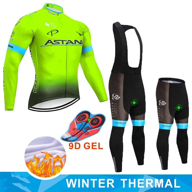 Флуоресцентный зеленый Астана Ropa Ciclismo Invierno Зимний Велоспорт Джерси термальный флис с длинным рукавом Велоспорт одежда Набор велосипед одежда
