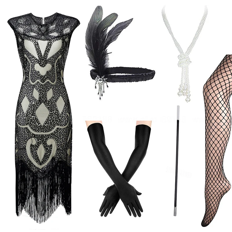 Женское длинное платье/комплект аксессуаров 1920-х Гэтсби с блестками и бусинами -