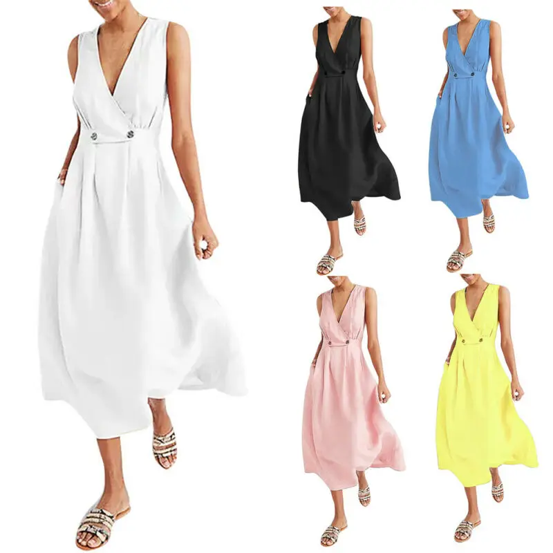 Для женщин однотонные короткое платье Дамский сарафан без рукавов пляж вечерние