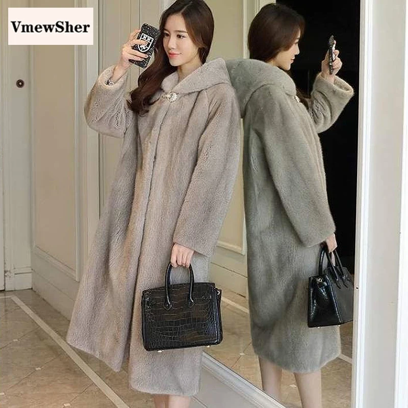 

VmewSher New Winter Women Faux Fur Long Coat Soft Warm Artificial Rabbit Fur Buckle Neck Jacket Lady Elegant Overcoat Outwear