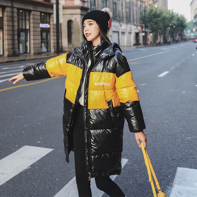 Зимнее длинное блестящее хлопковое пальто из блестящей ткани Женская свободная