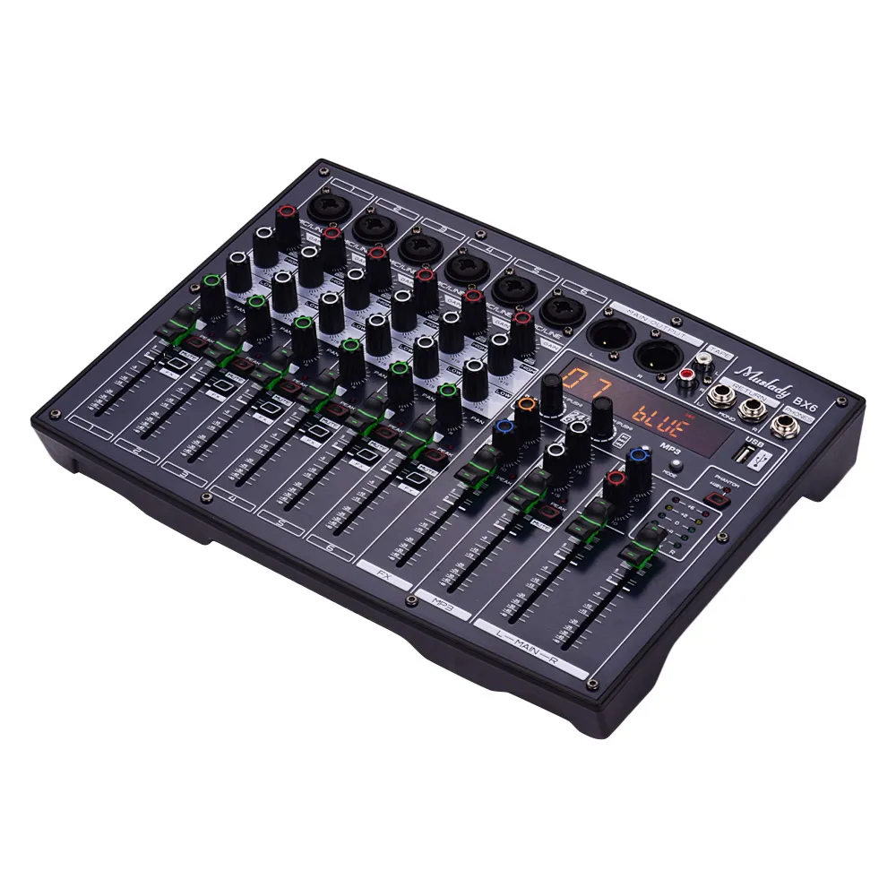 

Muslady BX6 Compact 6 Channels Mixer Mixing Console with 16 DSP Effects Built-in 48V Phantom Power Supply Support BT Connection
