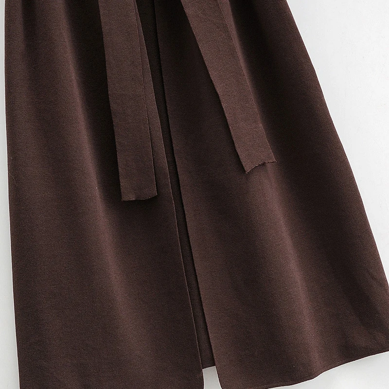 

HWLZLTZHT 2021 Knit Midi Dress Elegant Tied Self Belted Long Dress Lapel Collar Sleeveless Feminine High Street Knitted Dresses