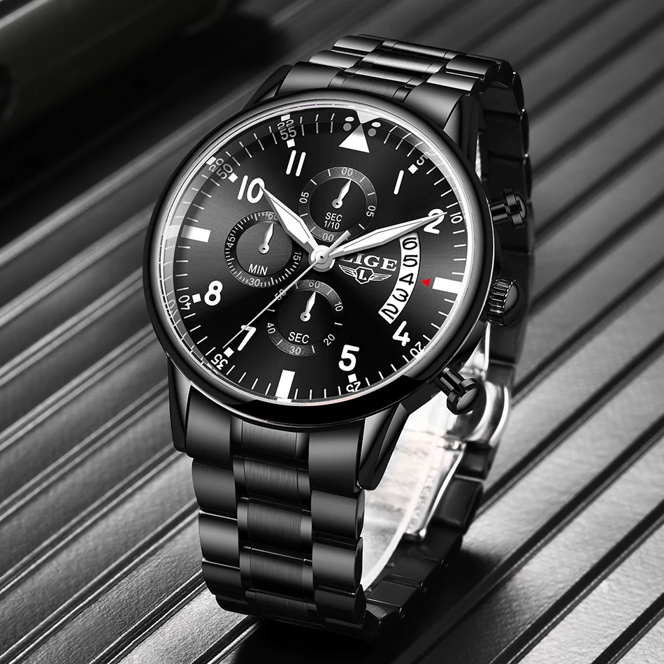 Часы наручные LIGE Мужские кварцевые брендовые водонепроницаемые спортивные автоматические с хронографом и