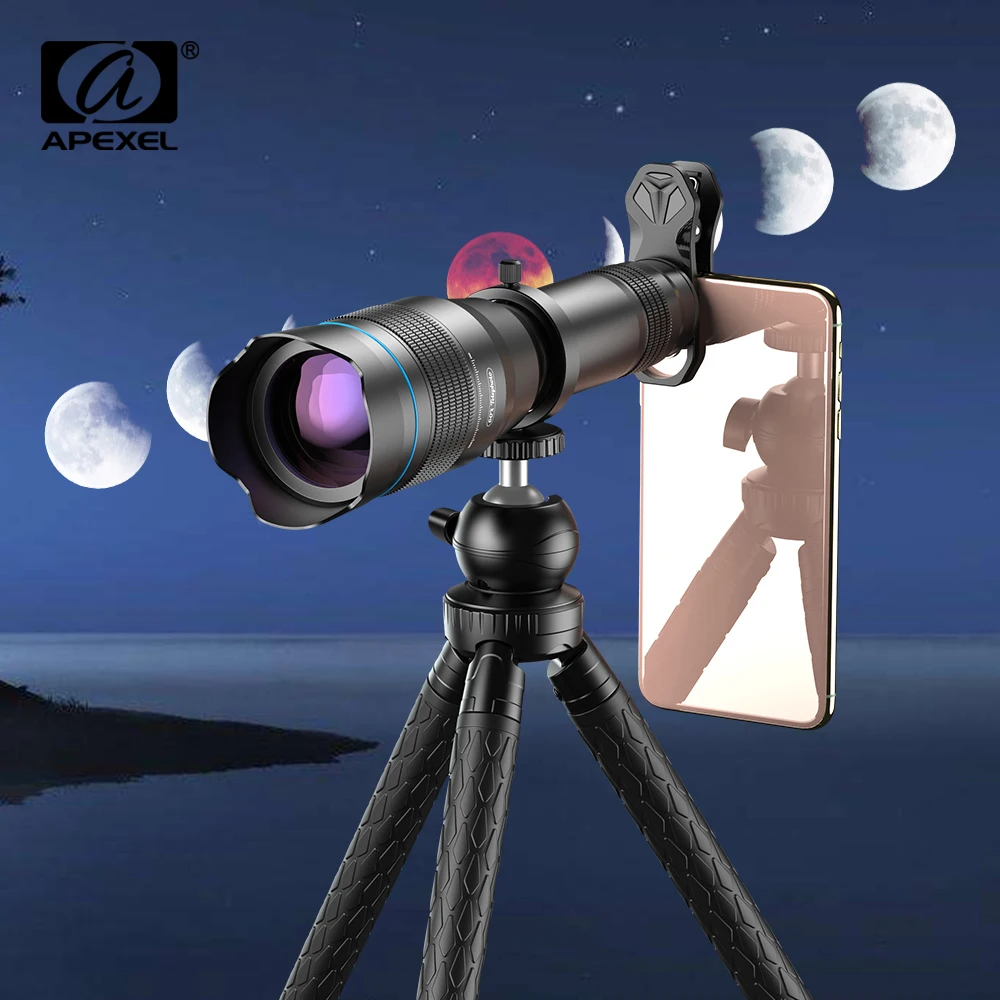 APEXEL 28X 36X 60X telescopio Zoom telefono fotocamera obiettivo teleobiettivo + treppiede estensibile per iPhone Smartphone caccia Capming