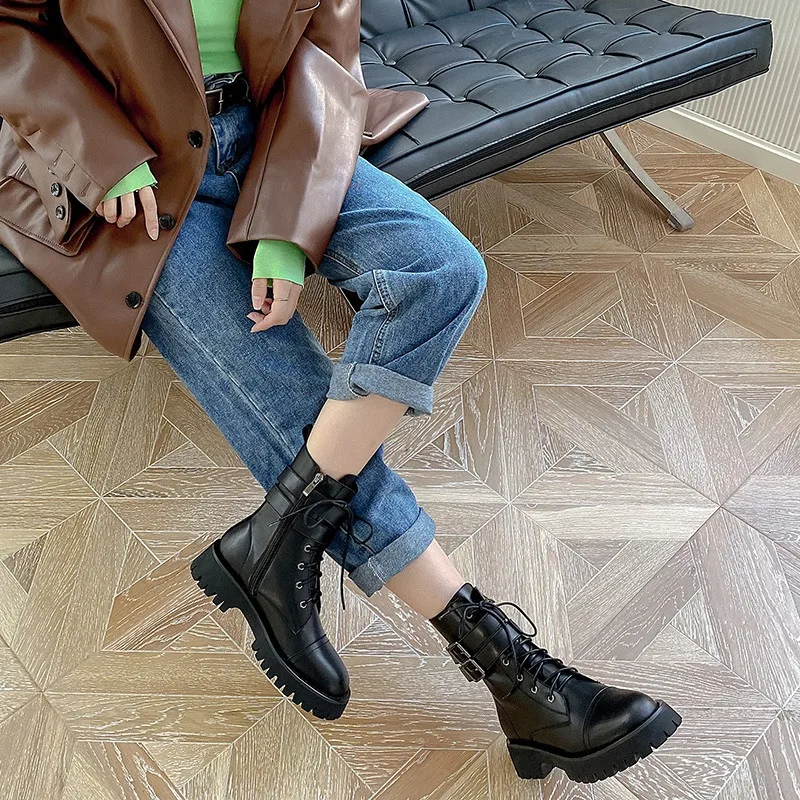 

COVIBESCO Elegant Genuine Leather Ladies Boots Metal Buckle Cross Tied Platform Thick Heels Pumps Office Lady Party Shoes Woman