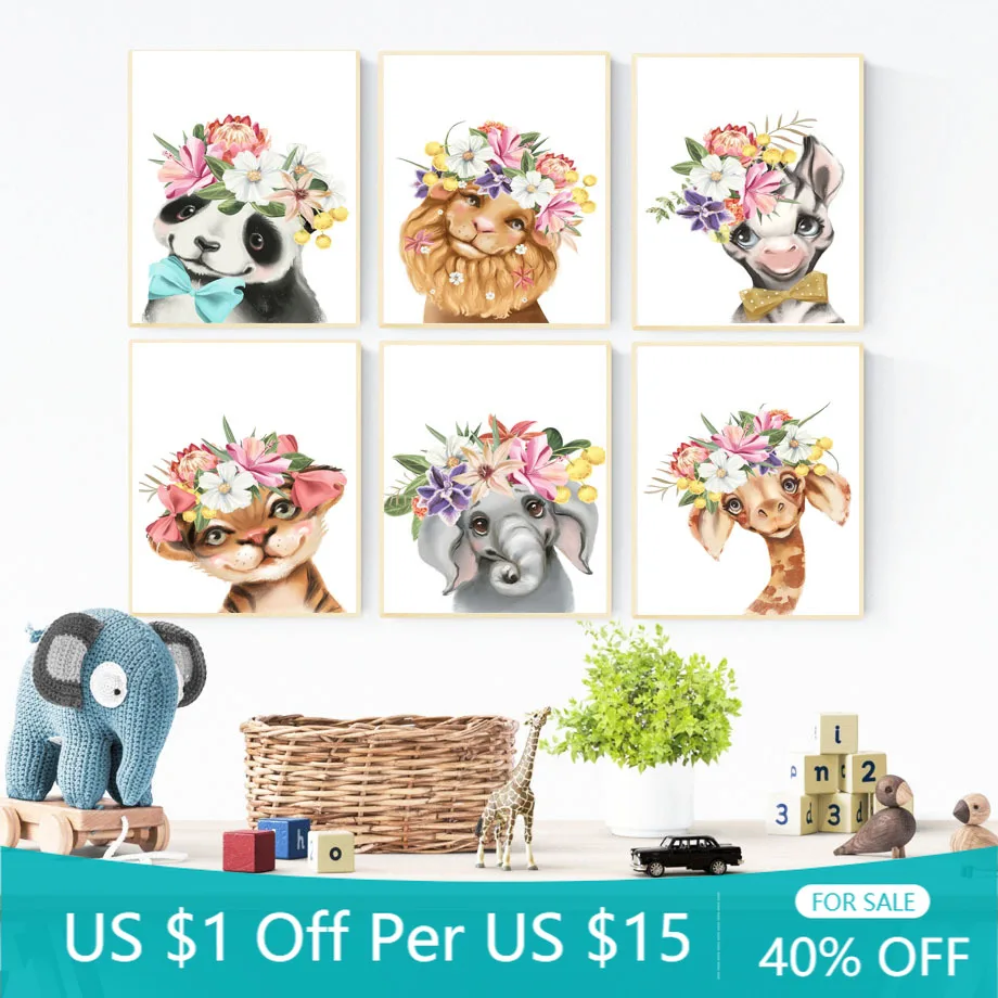 Цветок панда слон лев тигр Жираф Обезьяна настенная Картина на холсте