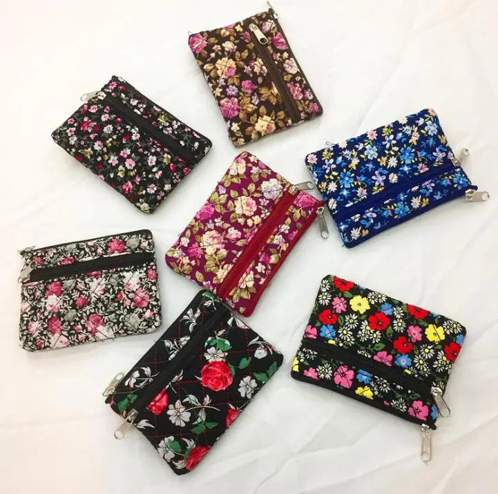 

10pcs Women Cotton Floral Printing Double Zipper Coin Purses Mix color