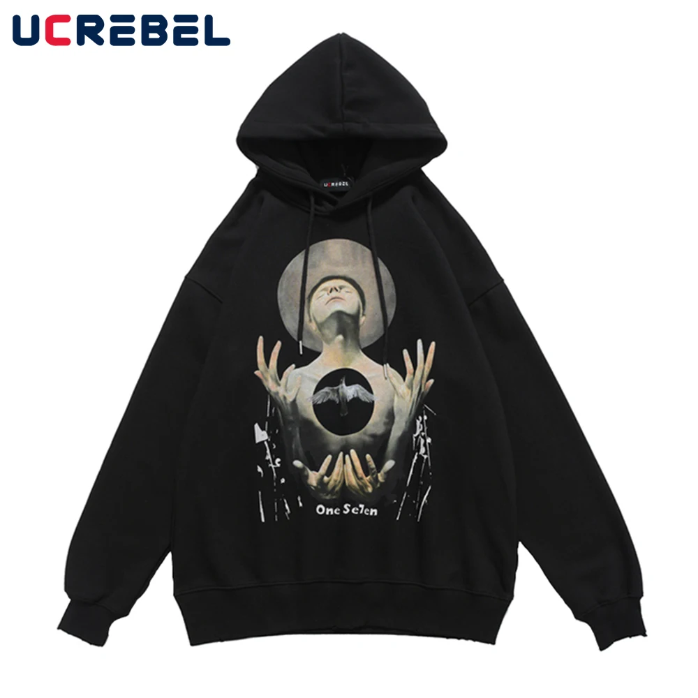

Spoof Portrait Print Fleece Sweatshirts Mens Autumn High Street Hoodies Streetwear Loose Long Sleeved Pullover Men