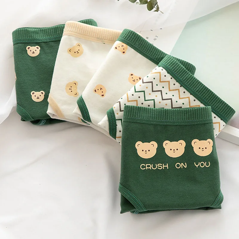 Симпатичные женские трусики с принтом медведей хлопковое зеленое женское