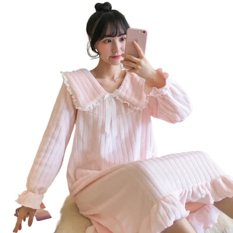 

Cute Long-sleeved Sleeping Dress Flannel Sweet Home Clothes Thick Princess Style Clothes Women's Nightdress Autumn Winter