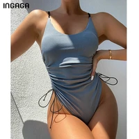 ingaga ribbed swimsuit one piece 2021 high cut swimwear drawstring bodysuit women sexy solid bathing suits summer new beachwear