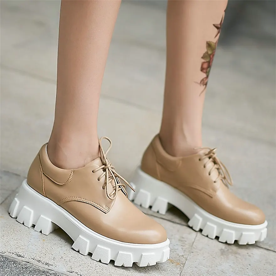 

Platform Oxfords Women Lace Up Cow Leather High Heel Military Ankle Boots Female Low Top Round Toe Fashion Sneakers Casual Shoes