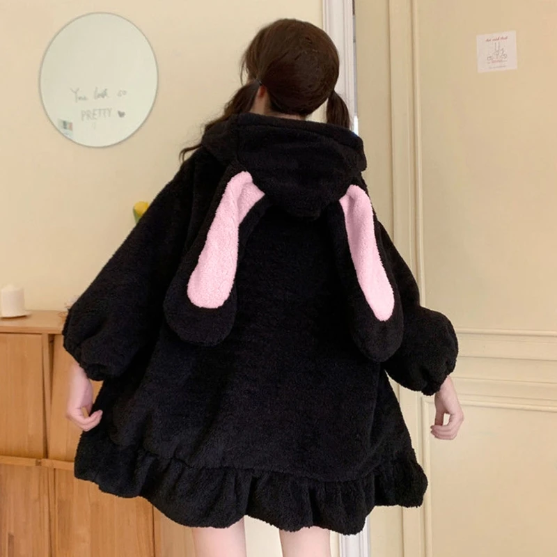 

Q1FA Women Winter Long Sleeve Fuzzy Hooded Jacket Harajuku Kawaii Bunny Ears Zip Up Cardigan Coat Plush Warm Ruffles Outwear