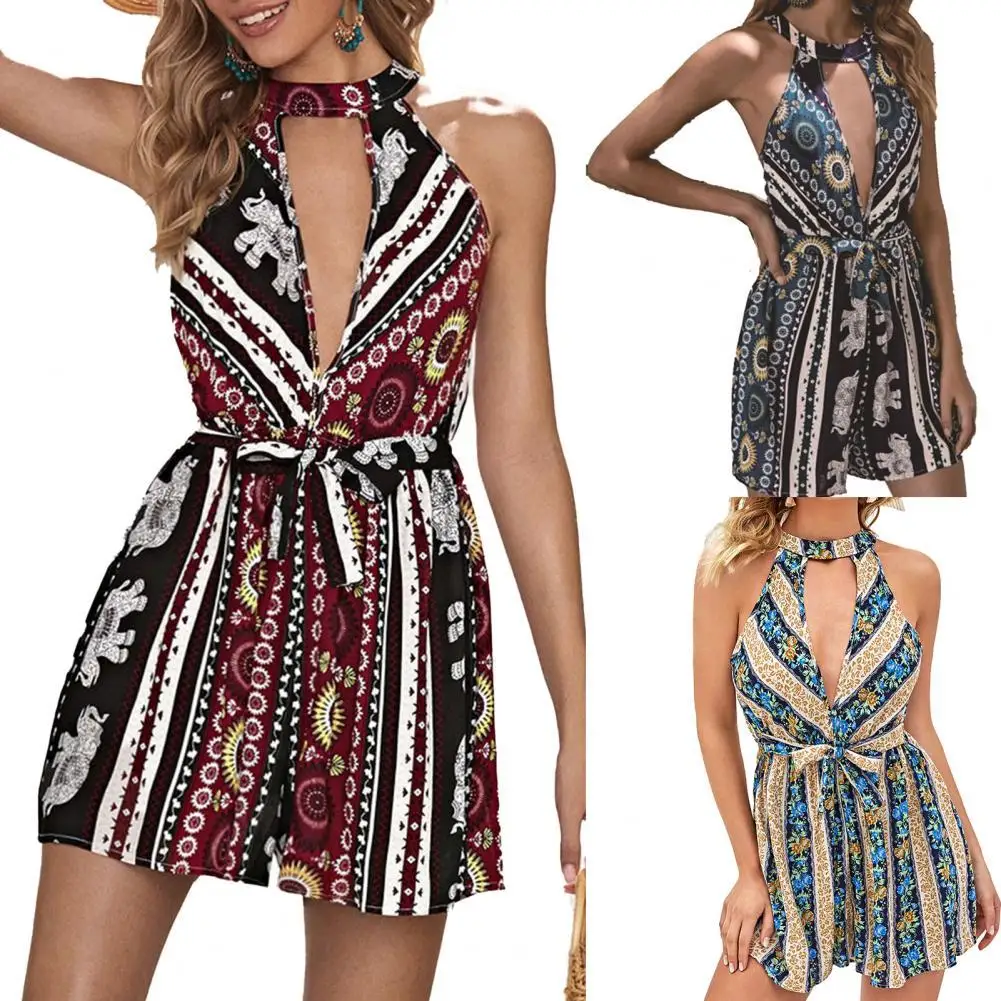 

Sleeveless Sexy Women Off Shoulder Playsuits Women Jumpsuit Floral Print Halter Summer Sleeveless Strapless Playsuit for Dating