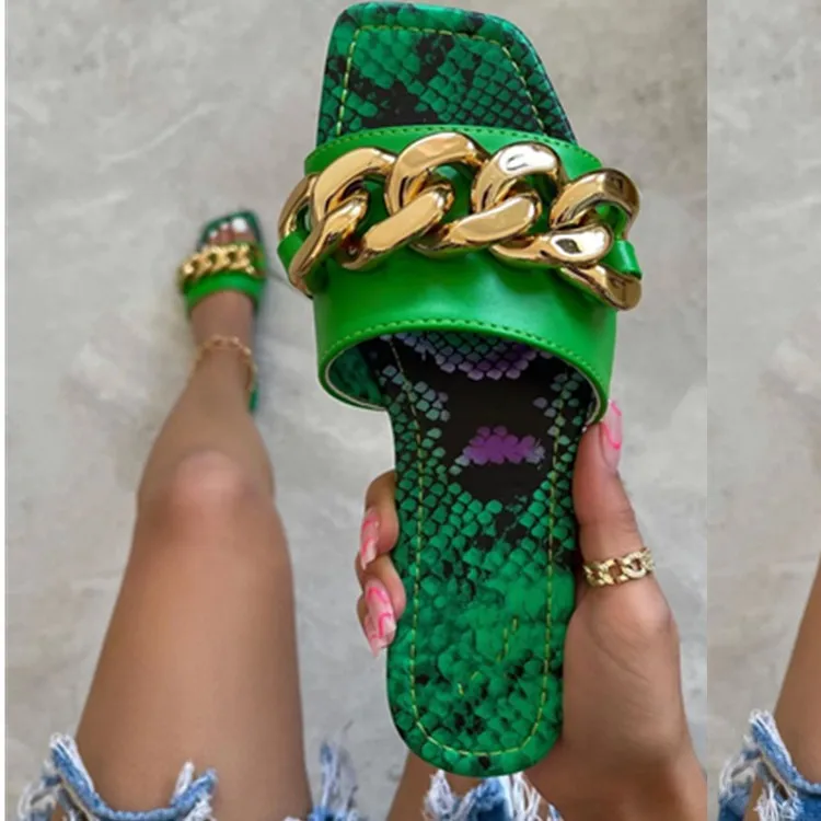 

Womens Summer Sandals Slippers Metal Decorative Square Head Flat Heel Outdoor Beach Comfortable Leopard Slides Female Plus Size