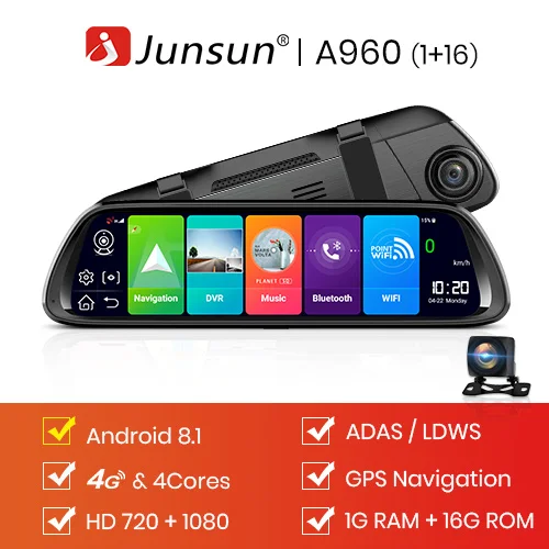 A960 1G-16G Junsun A960 Android 8,1 ADAS 2G+ 32G 1" СТРИМ медиа dash cam камера Автомобильная камера рекордер dvr dashcam gps навигация 1080P wifi - Название цвета: A960 1G-16G