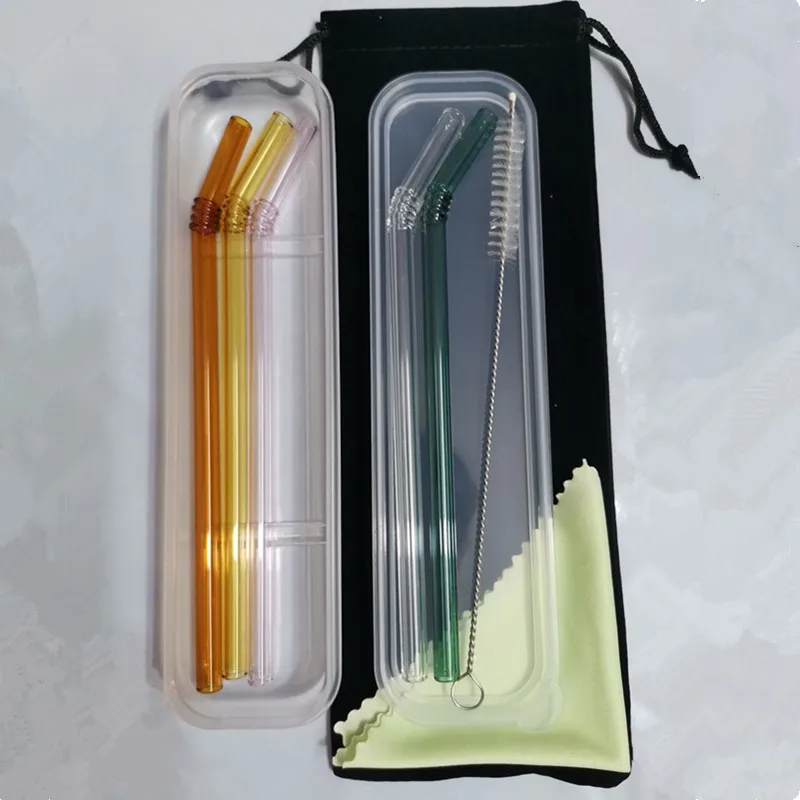Стекло соломинкой многоразовые 5 шт./компл. Colorled Стекло соломы Чай молоко сок соломенная шляпа с мешок коробка изогнутые Стекло набор соломинок