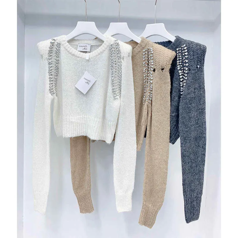 

21Winter Runway Fuzzy Mohair Sweater Women Long Sleeve O Neck Shoulder Pad Beading Pull Femme Sweater Skinny Short Wool Pullover
