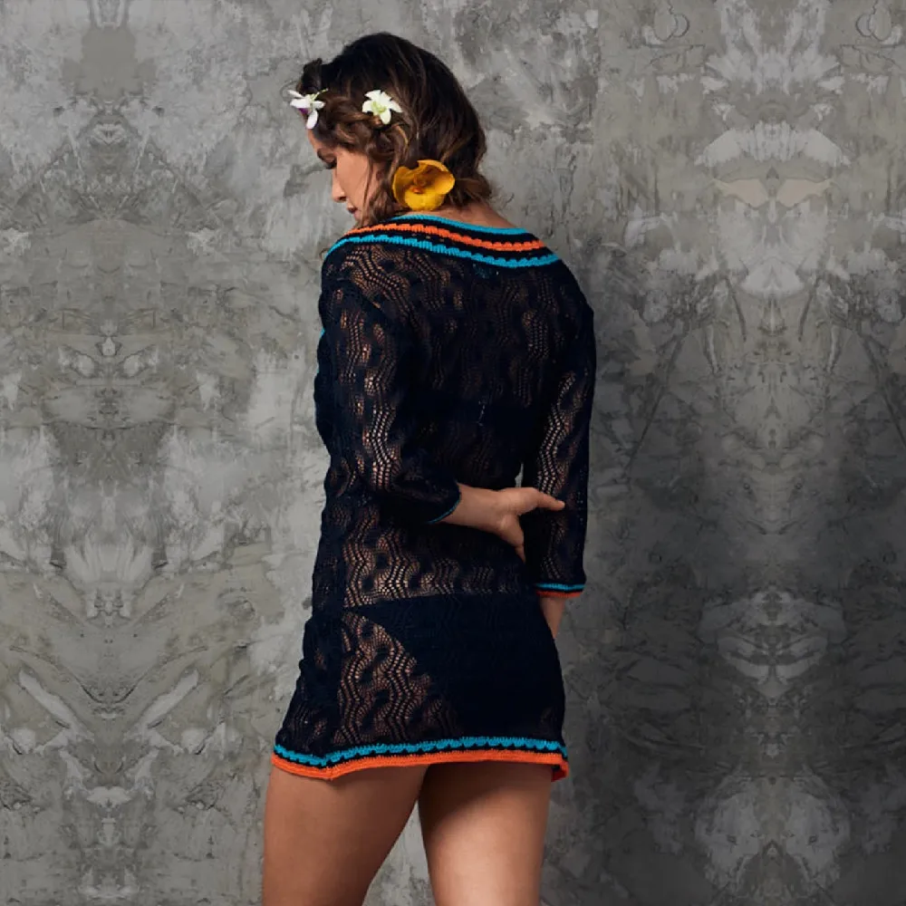 Вязаное пляжное платье с V-образным вырезом саронг кафтан Пляжная туника пляжный