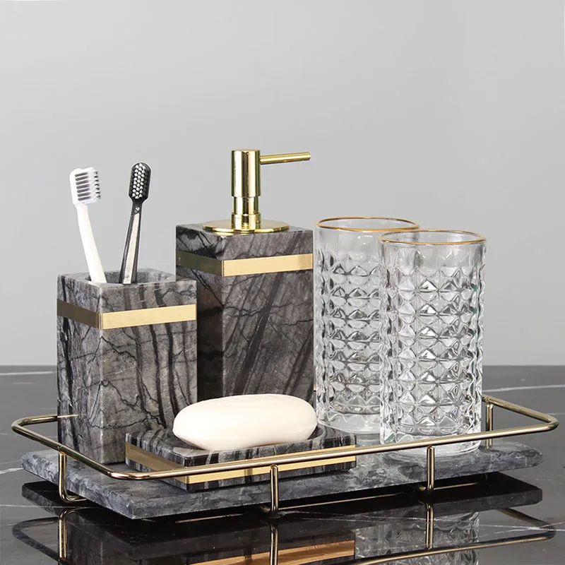 bathroom accessories set marble soap dispenser toothbrush holderrack gargle cups dishes tray lavatory wedding gifts free global shipping