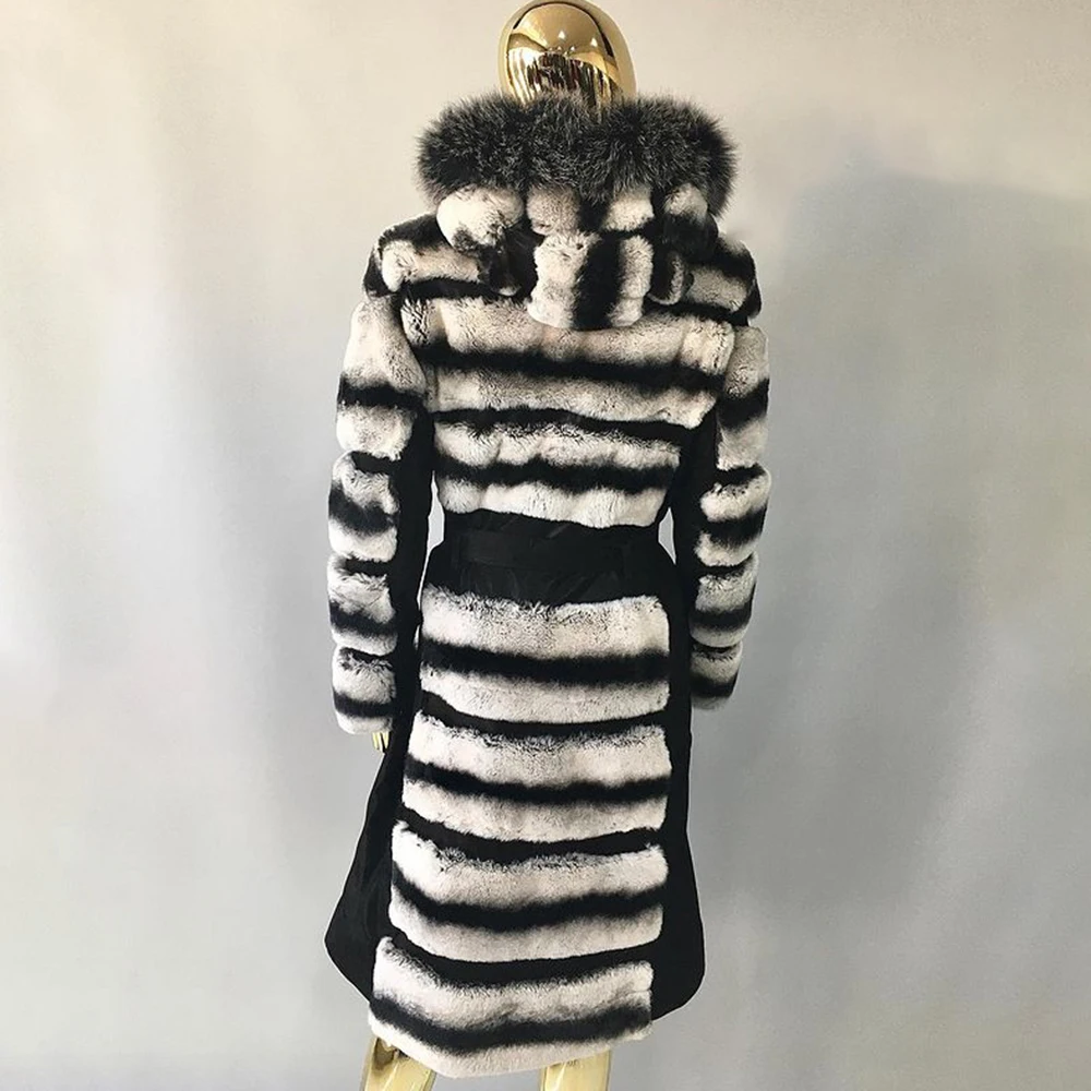 Winter Fashion Real Rex Rabbit Fur Coats with Silver Fox Fur Hood Natural Women Causal Full Pelt Genuine Rex Rabbit Fur Jacket