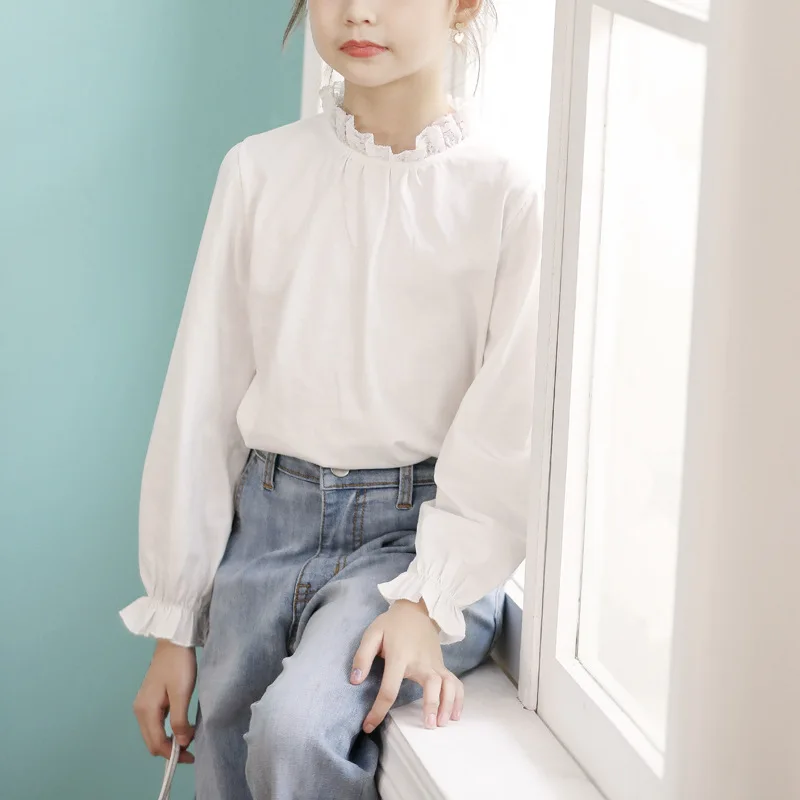 

Teen Girl's Blouse White Cotton Lace Long Sleeve Shirt 2021 Spring Autumn Korea Style Children Girls Tops 10 12 14 years