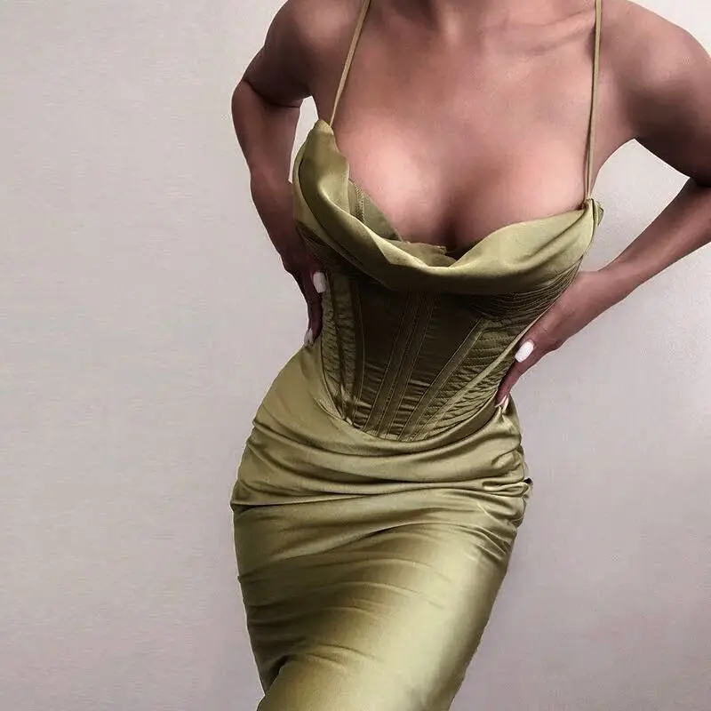

High Quality Summer New Women's Army Green Spaghetti Backless Strap Drape Ruched Satin Corset Party Dress Vestidos