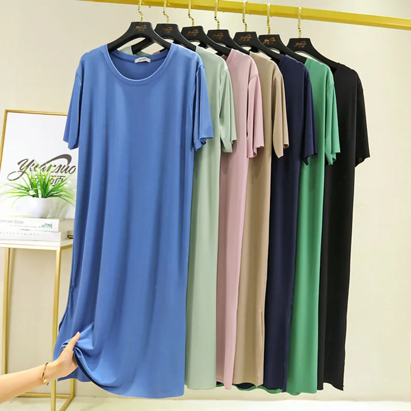 New Spring Summer Dress Female Thin Ice Silk Round Neck Nightdress Large Size Loose Nightgowns Women Mid-Length Nightshirt