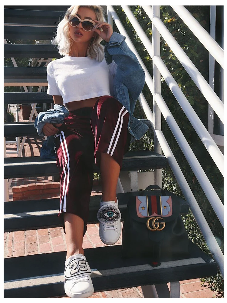Dotfashion, полосатые вельветовые широкие брюки с лентами сбоку, осень, Бордовые женские брюки со средней талией, штаны с эластичным поясом