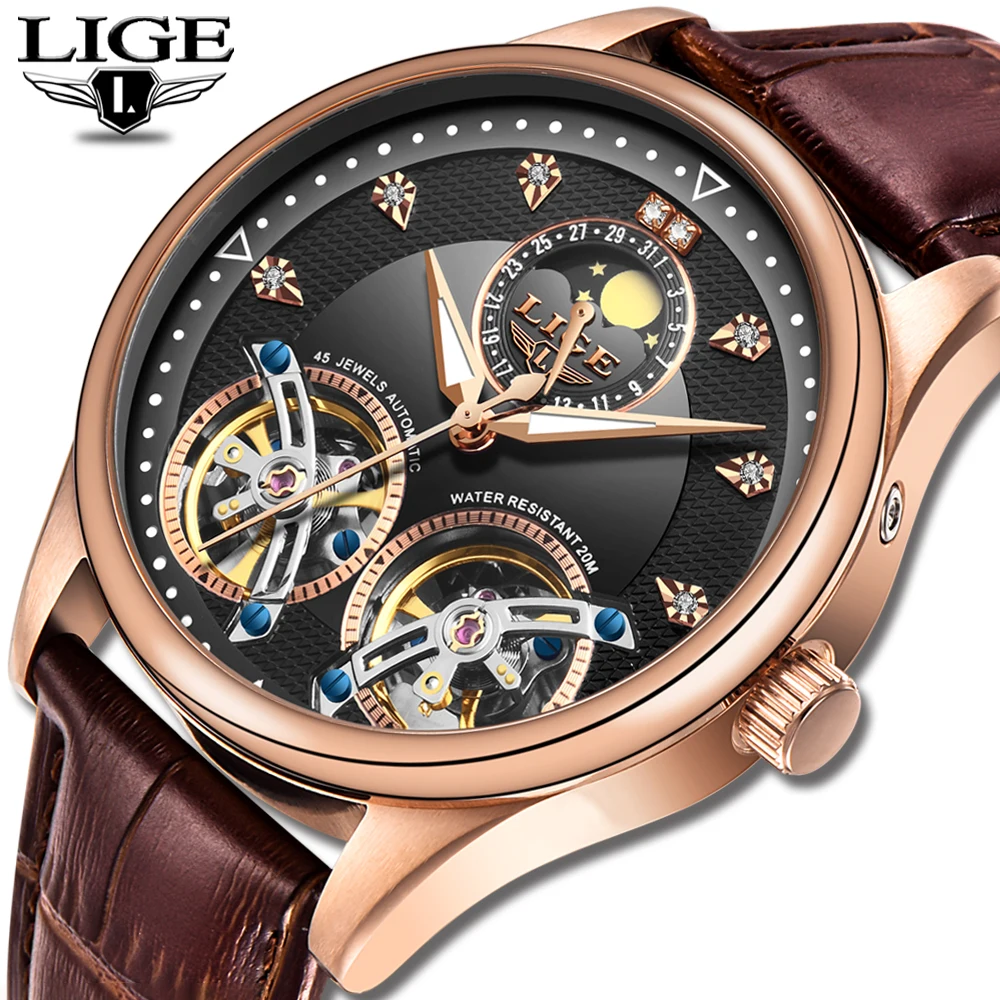 Reloj LIGE мужские часы механические Tourbillon Роскошные модный бренд кожа спортивные