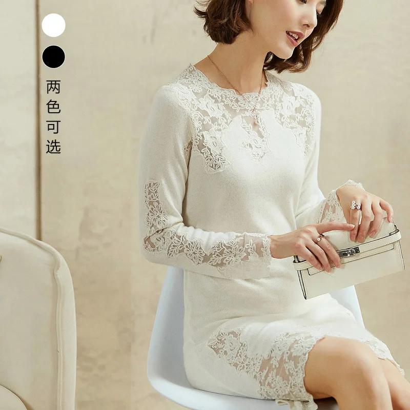 Женское трикотажное кашемировое платье зимнее с длинным рукавом и кружевной