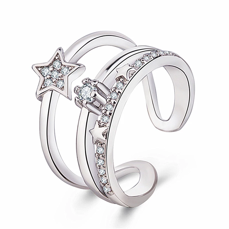 

VENTFILLE 925 Sterling Silver Multi-layer Zircon Star Opening Ring For Women Resizable Sweet Temperament Wedding Party Jewelry