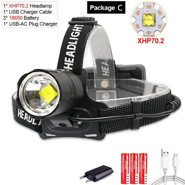 Package C 100000LM XHP70.2 светодиодные фары XHP70 желтый белый светодиодные фары рыбалка кемпинг зум заряжаемый через интерфейс USB фонарь использовать 3*18650 батареи - Испускаемый цвет: Package C