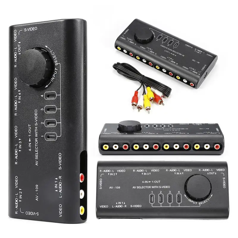 

New 4 In 1 Out AV RCA Switch Box AV Audio Video Signal Switcher Splitter 4 Way Selector With RCA Cable For Television DVD VCD TV