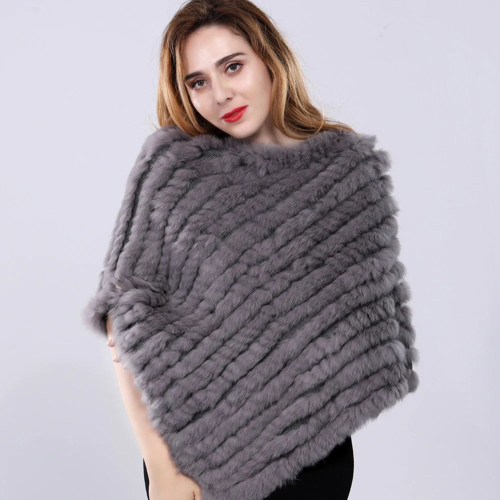 Женский вязаный пончо из натурального кроличьего меха демисезонный шарф накидка