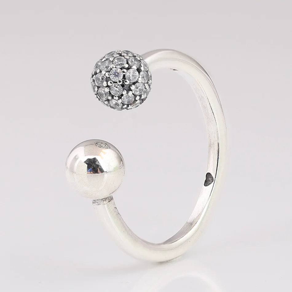 

S925 Polished & Pave Bead Open With Crystal Ring For Women Wedding Party fit Lady Fine Jewelry