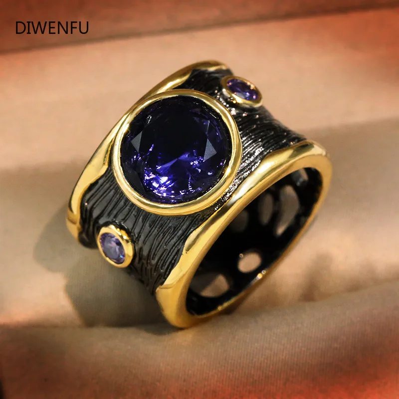 

9K Black Gold Ring for Women and Men Anillos Blue Diamond Wedding Ring Vintage Gold Ring for Jewelry Women Wedding Nose Zircon