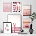 Розовая пляжная девушка Фламинго Пальма цитаты Настенная картина холст картина Скандинавская картина настенные картины для гостиной Декор